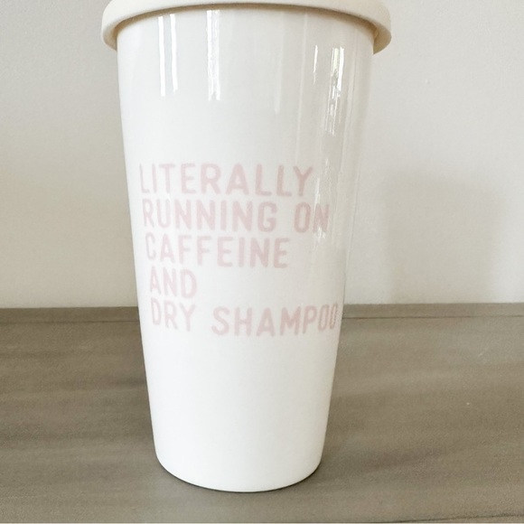 Literally Running on Caffeine Dry Shampoo White Pink Ceramic Coffee Travel Mug - Picture 2 of 7